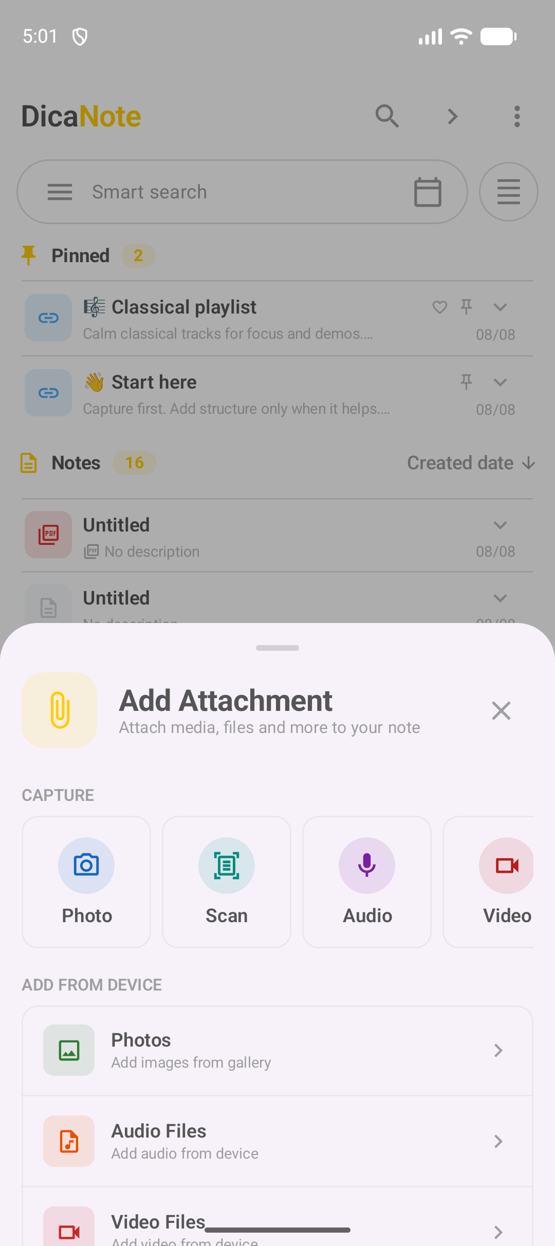 Painel Add Attachment do DicaNote com Capture e lista de arquivos