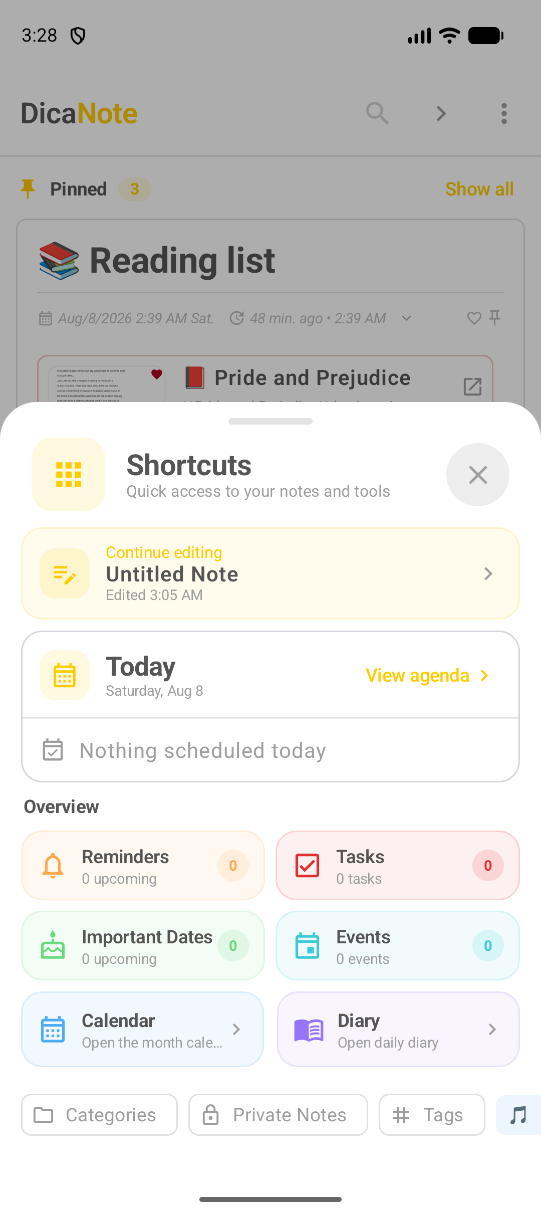 Painel Shortcuts do DicaNote com Continue editing, Today, Reminders, Tasks, Calendar e Diary