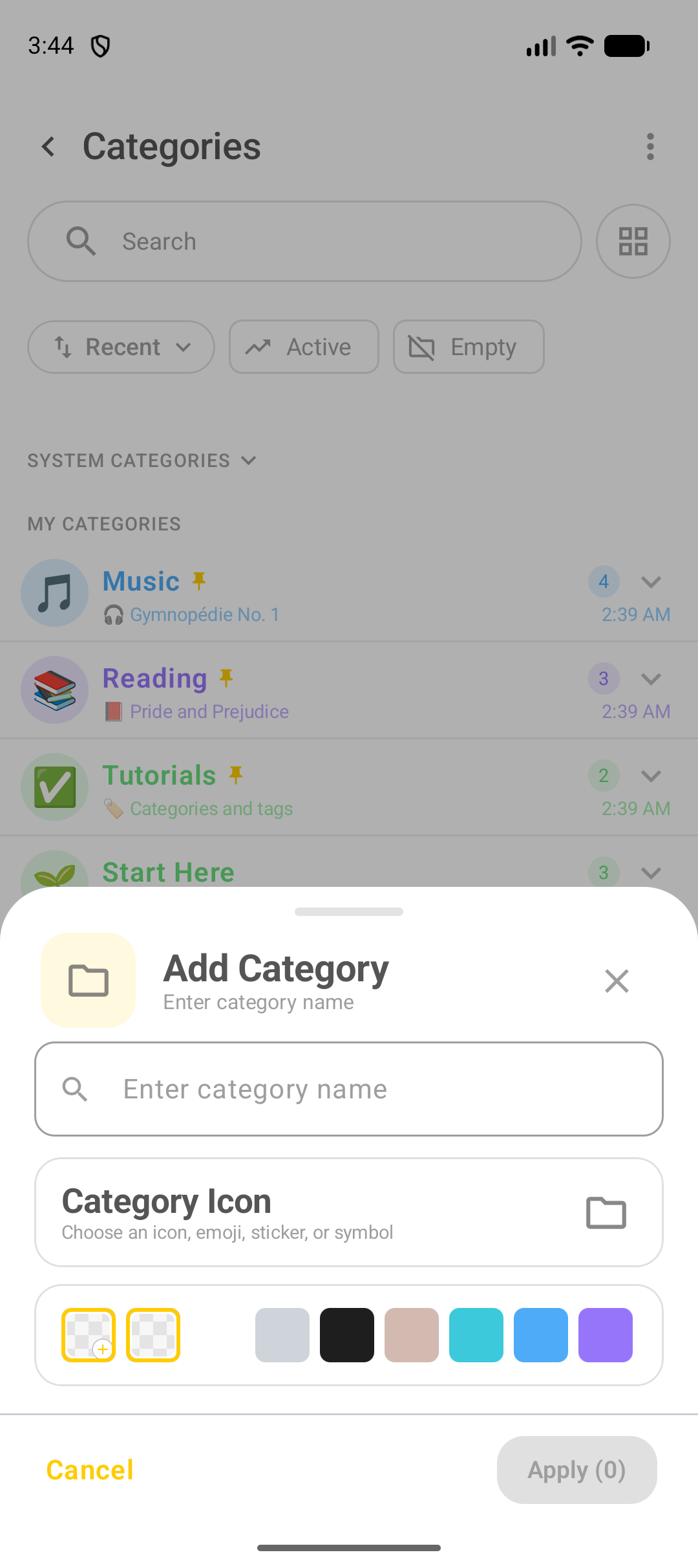 DicaNote Add Category panel with name and icon