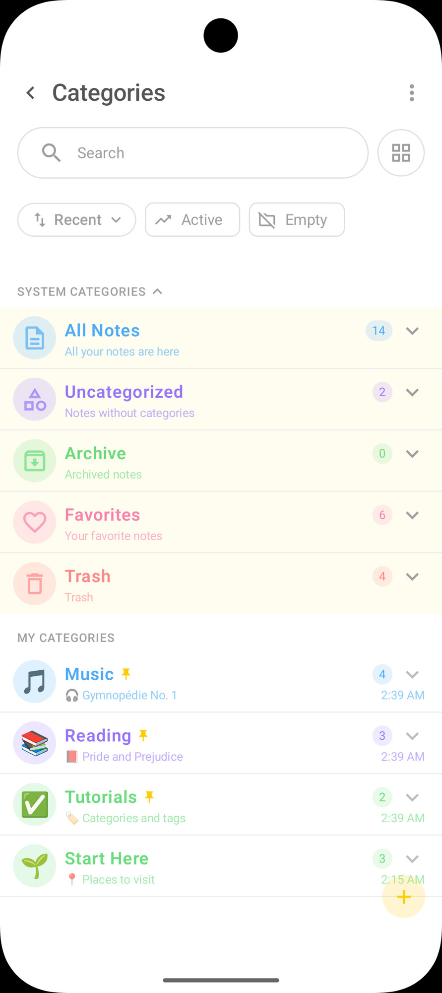 DicaNote Categories screen with System Categories and My Categories