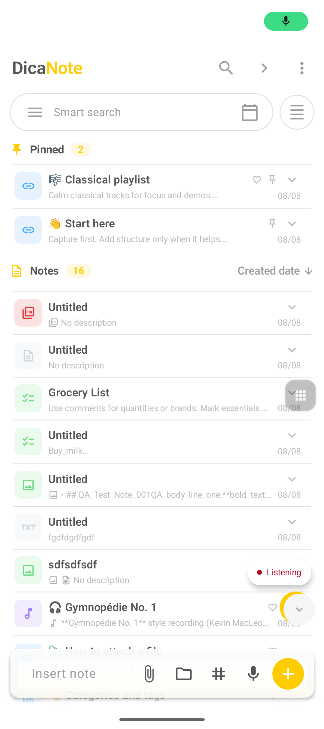 Speech to text Listening indicator in DicaNote